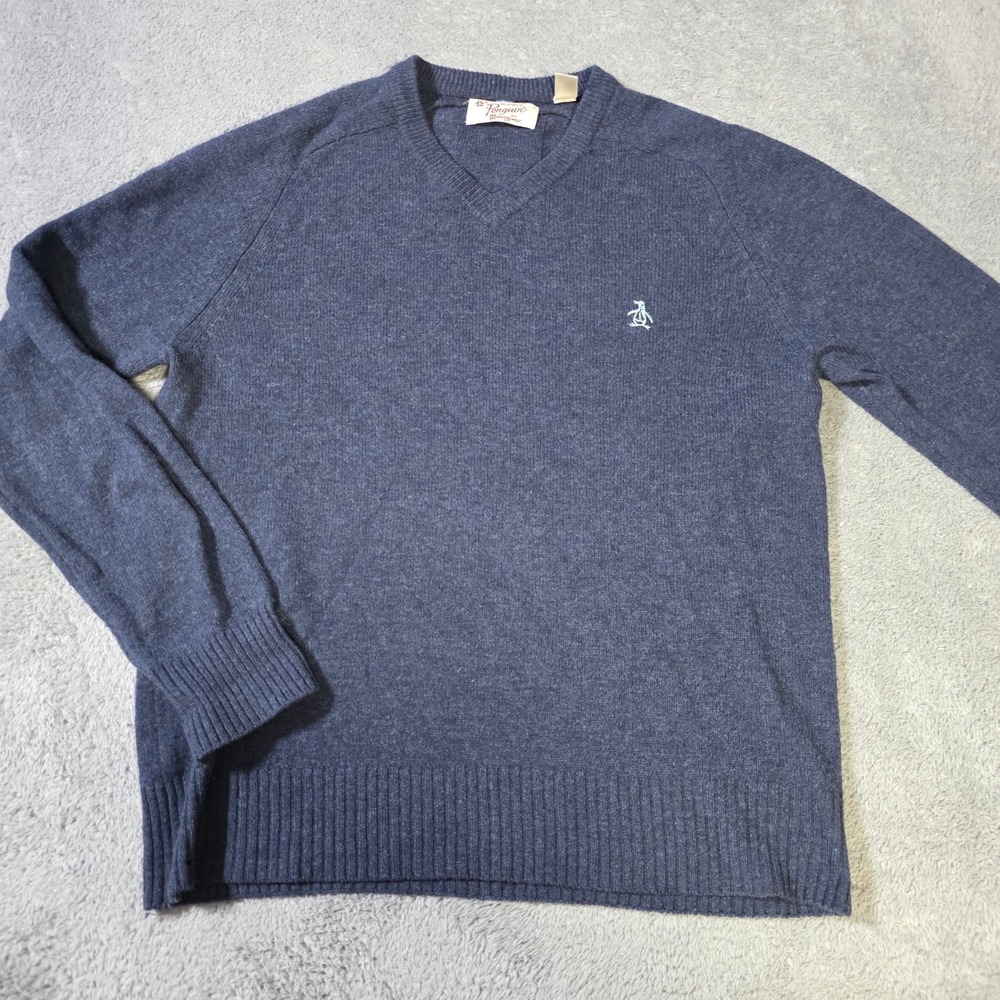 Original Penguin Mens L V-Neck Sweater Navy Blue 100% Lambswool Logo Knit
